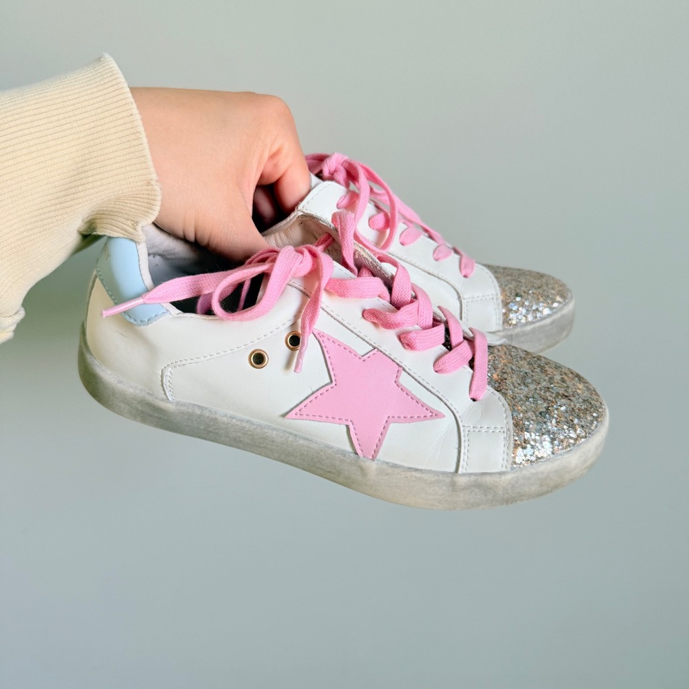 SweetHoney Kids BTS‎ Shoes White Leather Pink Star Glitter Toe Sneakers Size 5Y